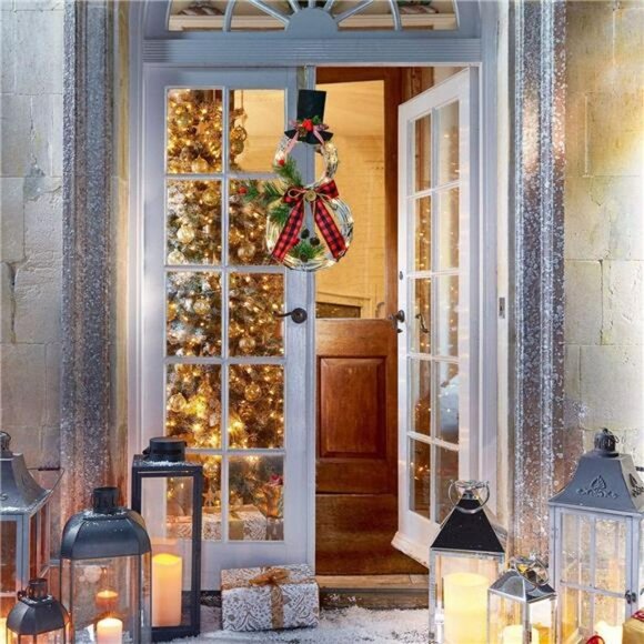 Lighted Christmas Wreath Decoration, 16 x 8 Inch Grapevine Wreath with Hat & Bow - Picture 5 of 6